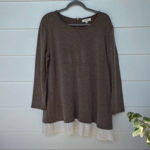 Umgee + Brown Sweater With Lace Details Zipper 1X